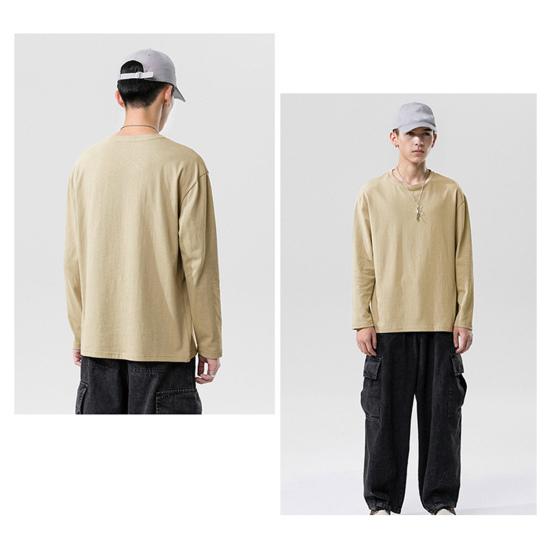 Мужская футболка с длинным рукавом, круглым вырезом, свободного кроя, базовая хлопковая футболка, однотонная, повседневная, для весны и осени