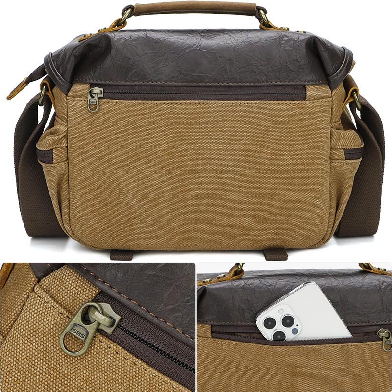 Canvas DSLR Camera Bag Men - Crossbody Shoulder With Shockproof Padding Compact Mirrorless Carrier In Khaki Gray