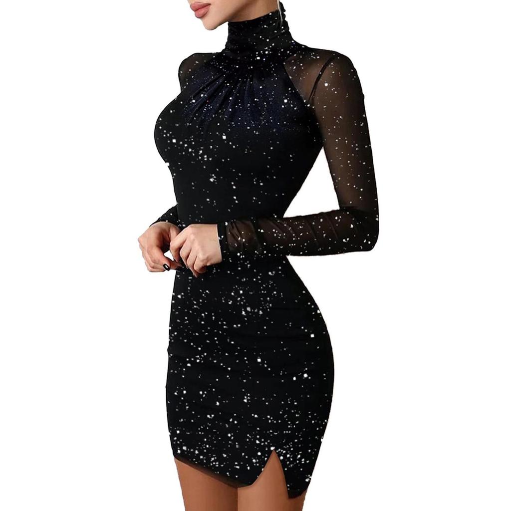 Women's Off-the-Shoulder Glitter Bodycon Dress, Lace Trim Long Sleeve Mesh Mini Dress, Sexy Club Party Evening Gown
