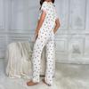 Women's Cherry Print Pajama Set Short Sleeve Button Front Top Long Pants Sleepwear Set Lace