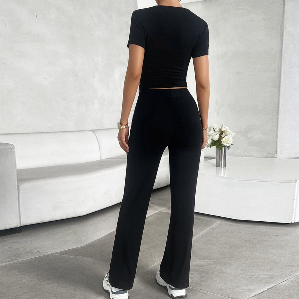 Летний темпераментный однотонный повседневный модный комплект с круглым вырезом