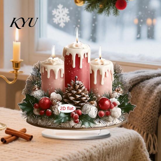 Christmas Tree Decorations Candle Ornament, 2D Flat Acrylic Ornament with Base, Unique Presents Snowman Reindeer Festive Table Centerpiece for