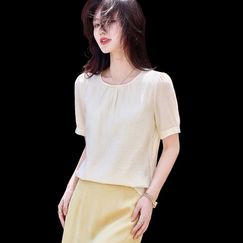 Women's Round Neck Pleated Chiffon Blouse