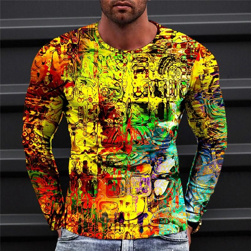 Spring and Autumn Round Neck 3D Colorful Geometric Pattern Printed Top Fashionable Casual Optical Illusion Long Sleeved Men's T-shirts