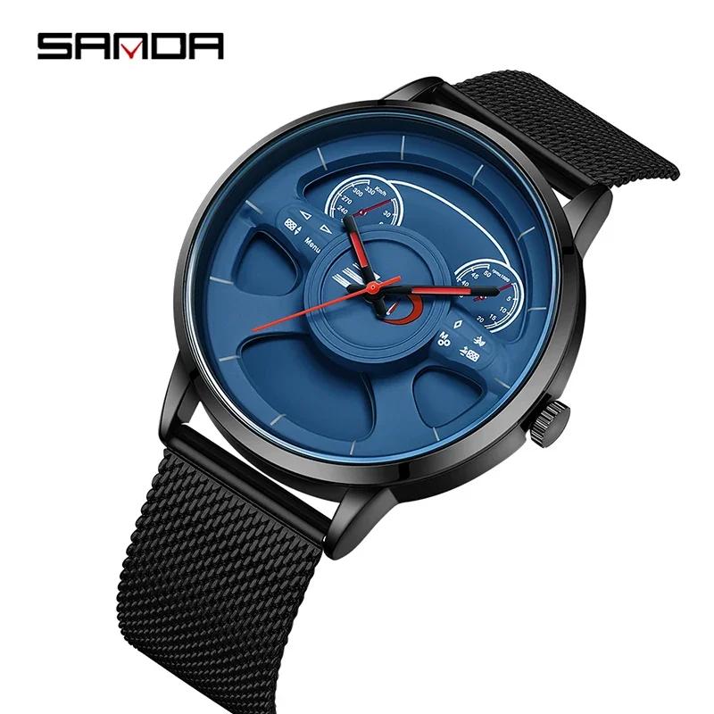 Fashion Sanda Top Brand 1138 New Arrival Leather Band Car Spinning Rim Luxury Men's Custom Design Quartz Waterproof Wheel Watch