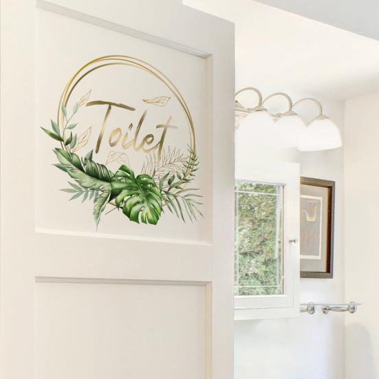 Green Plant Toilet Door Sticker Golden Letter Removable Self-adhesive Waterproof PVC Bathroom Decoration Decal Home Supplies