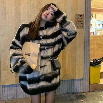 Y2K гранж черный полосатый свитер женский Harajuku корейский оверсайз зимний пуловер трикотажные изделия хиппи винтажный вязаный джемпер