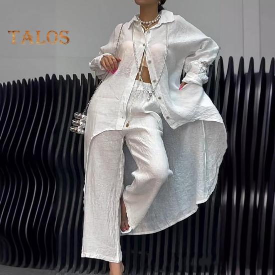 2 Pcs/Set Fall Spring Women Shirt Pants Set Long Sleeves Lapel Lace Cuff Button-down Irregular Hem Blouse Elastic Waist Trousers OL Commuting Sport