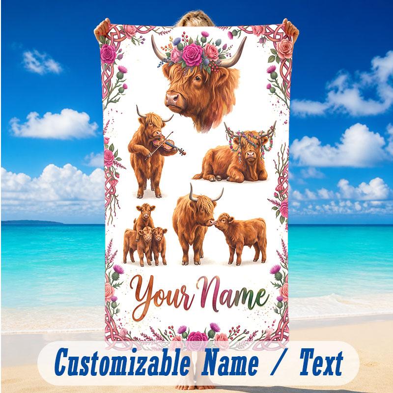 Cow Highland Theme Beach Towel Personalized Custom Name & Text Soft Quick Dry Beach Towel for Swimming Travel