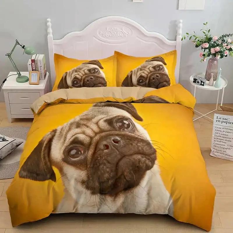 Cartoon Pug Dog Duvet Cover Set Comforter Cover Soft Bedding Set Full Size for Boys Girls Bedroom 2/3 Pieces with Pillow Shams