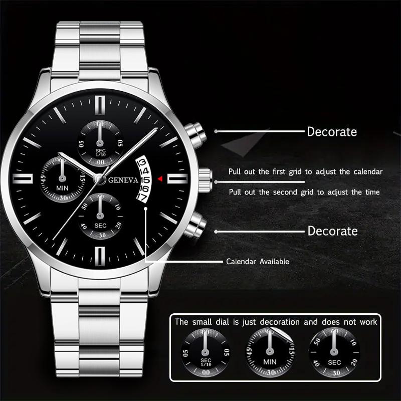 3 шт./комплект мужские модные кварцевые часы с календарем, роскошные мужские деловые часы из нержавеющей стали, браслет и ожерелье