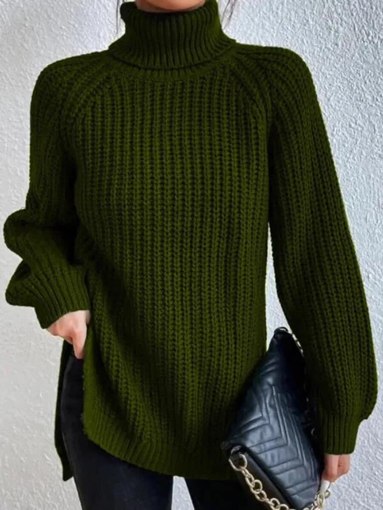 Autumn/Winter Soft Knitwear Fashion Raglan Long Sleeve Turtleneck Split Sweater Casual Warm Solid Mid-length Pullover 29572