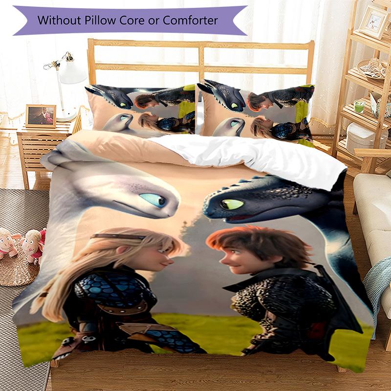 Toothless 3pcs Bedding Set Duvet Cover Closure Includes 1 Duvet Cover & 2 Pillowcases for All Seasons Bedroom Home Dorm Decor