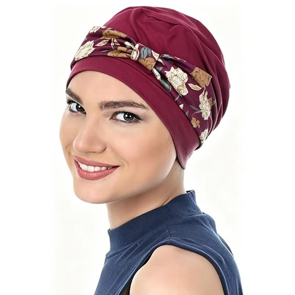Floral Print Chemo Cap Solid Base Head Wrap Beanie Stylish Pre-Tied Turban Hat Fashion Accessory