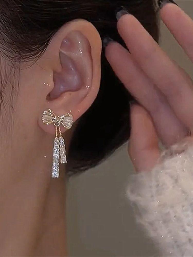 Fashion Zircon Bow Earrings Acrylic Crystal Tassel Earrings For Women Fashion Party Zircon Trendy Accessories Gifts