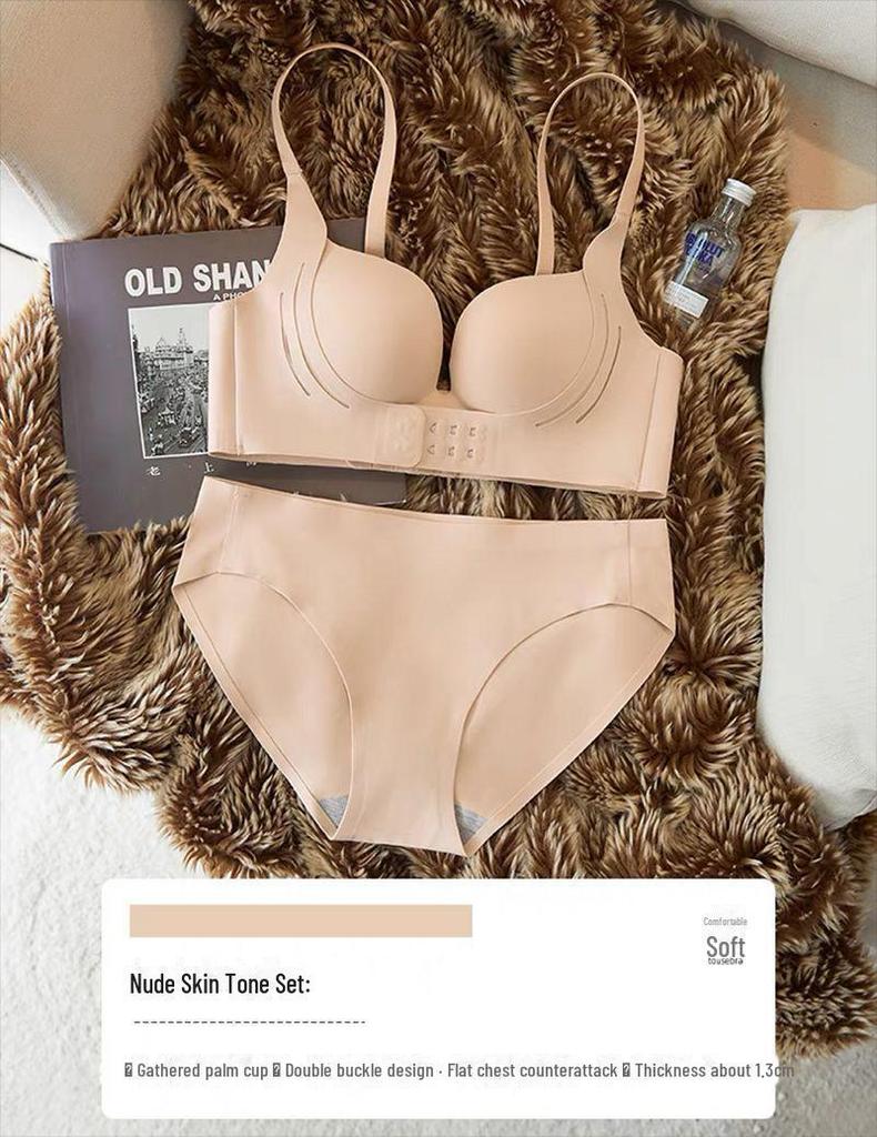 Girls' Front Buckle Seamless Bra Set - Anti-Sagging, Side Breast Support, No Empty Cup, Gathered Design