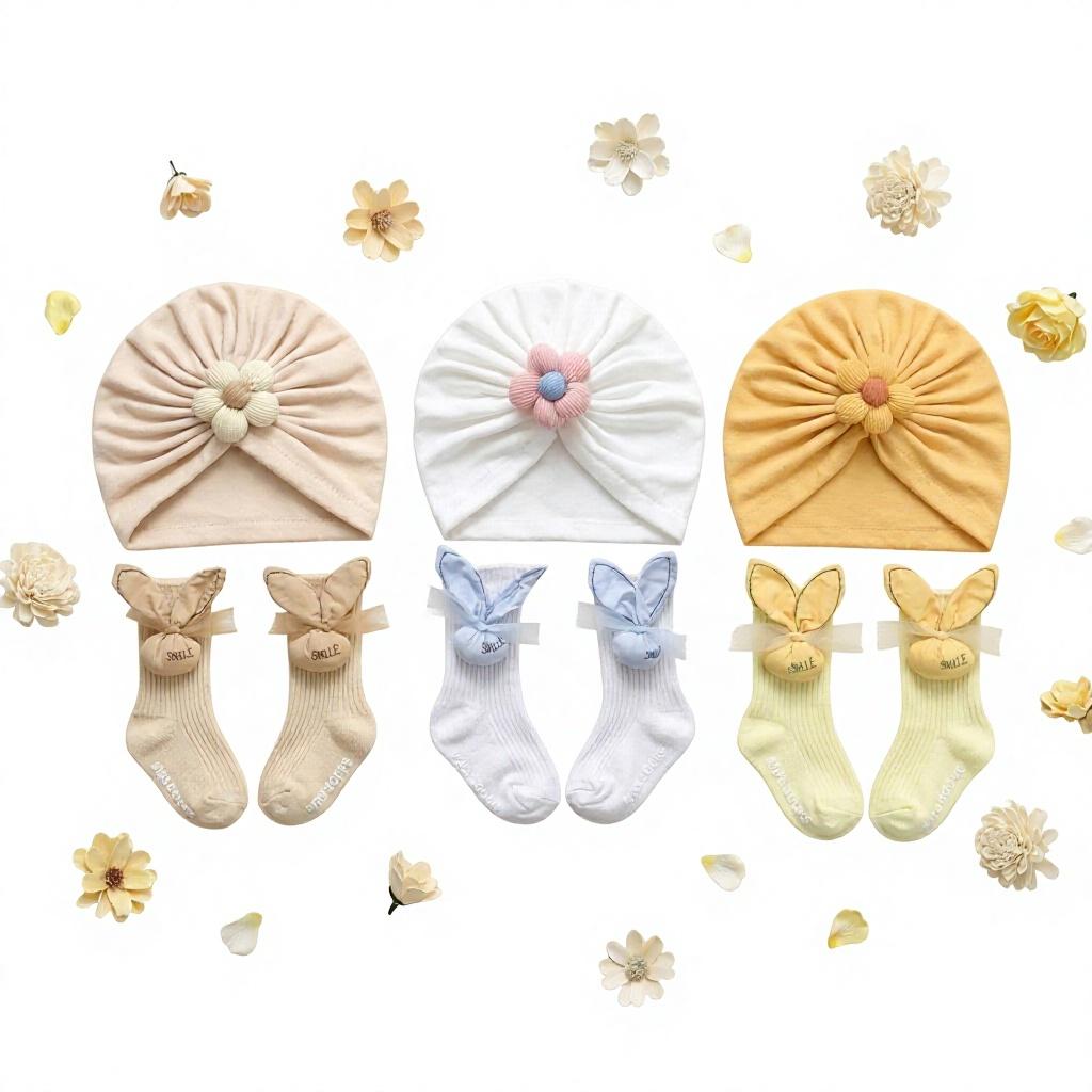 2Pcs/Set Baby Girl Turban Hat and Socks Set 3D Flower Bunny Ears Beanie Bonnet Newborn Infant Toddler Gift Accessories