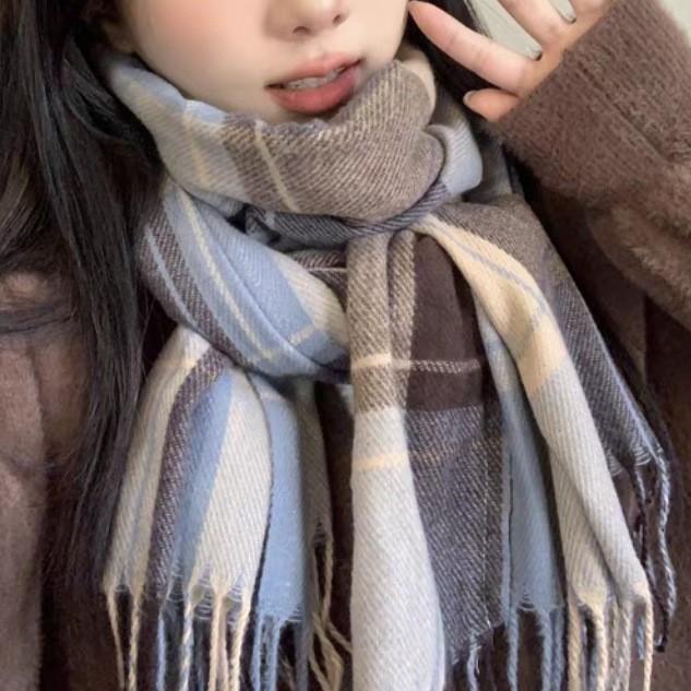 Imitation Cashmere Blue Plaid Scarf Women's Autumn and Winter New High-end Wool Scarf Shawl