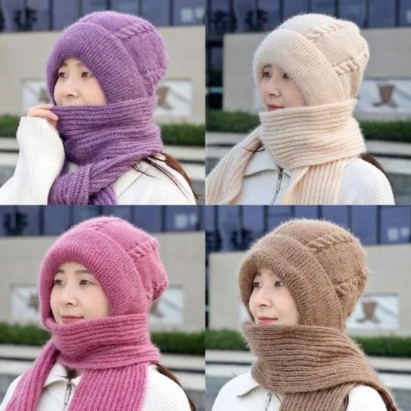 1Pc Integrated Ear Protection Windproof Cap and Scarf Knitting Thickening Hat Winter Pullover Hat Scarf