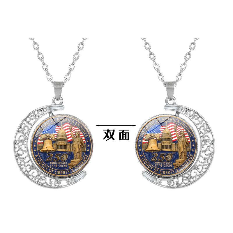 1Pc USA 250th Anniversary Double Sided Rotating Moon Alloy Necklace, Liberty Bell Flag