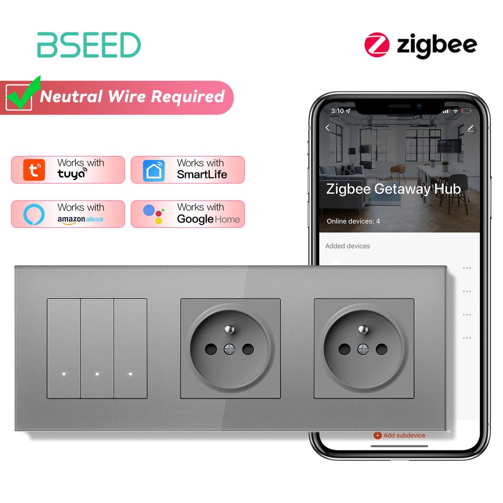 BSEED Zigbee 1/2/3/4-клавишные Умные выключатели света Кнопочные панели Управление через приложение Tuya Smart Life Плюс Двойные французские розетки Стеклянные панели