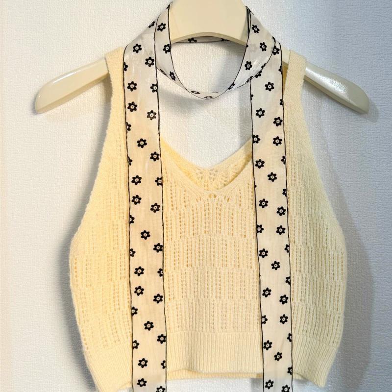 Y2K Women Narrow Long Scarf Solid Color Silk Black Bag Ribbon Headbands Choker Floral Lace Scarf