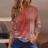3/4 Length Sleeve Womens Tops Floral Print Vintage Fashion Casual Loose With Round Neck Plus Size Shirts