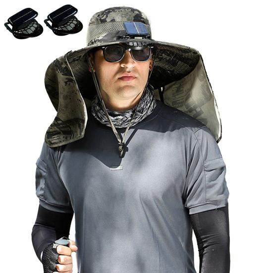 Solar Fan Hat with Neck Flap USB Rechargeable UV Protection Dual Cooling Fan