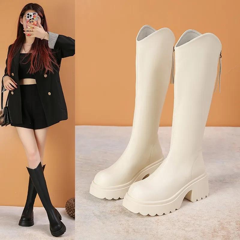 Новые женские сапоги с молнией сзади на толстой подошве на каблуке, простые осенне-зимние сапоги длиной до колена