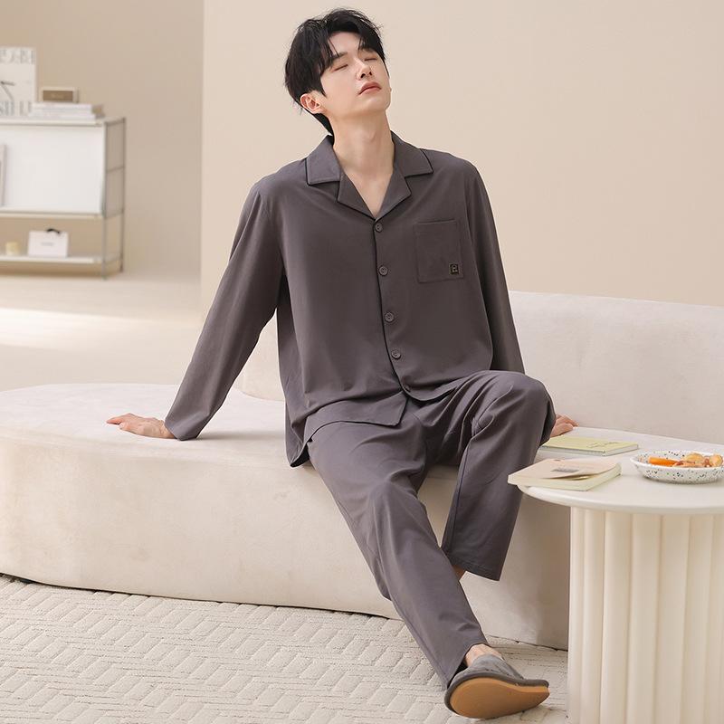 Couple pajamas pure cotton long-sleeved spring and autumn women's simple casual men's comfortable cardigan cotton loungewear set