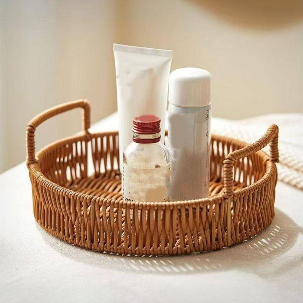 Large Capacity Round Rattan Storage Tray Plastic Handwoven Rattan Storage Tray Snacks