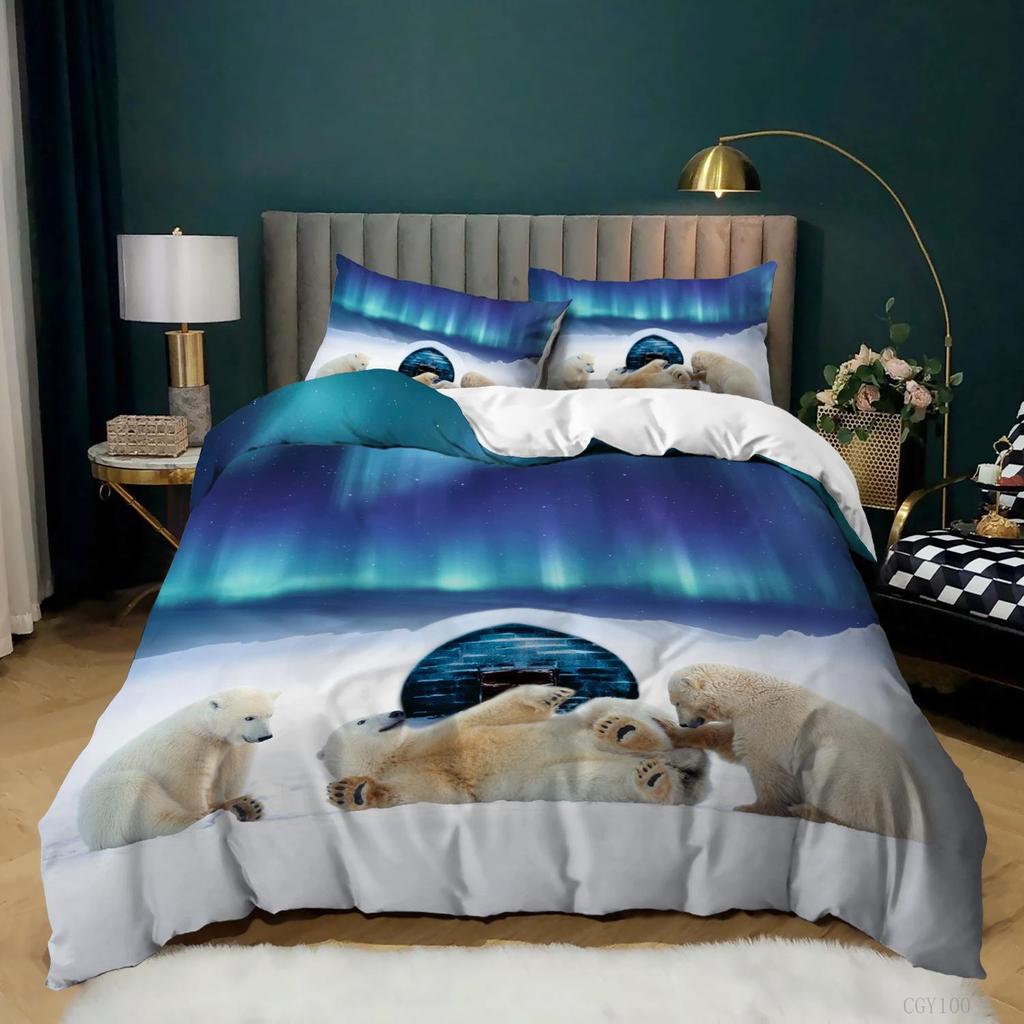 Aurora Borealis Полиэстер Пододеяльник Комплект Дерево Под Магнитным Полем Природы с Северным Сиянием Пейзаж Картина King Size