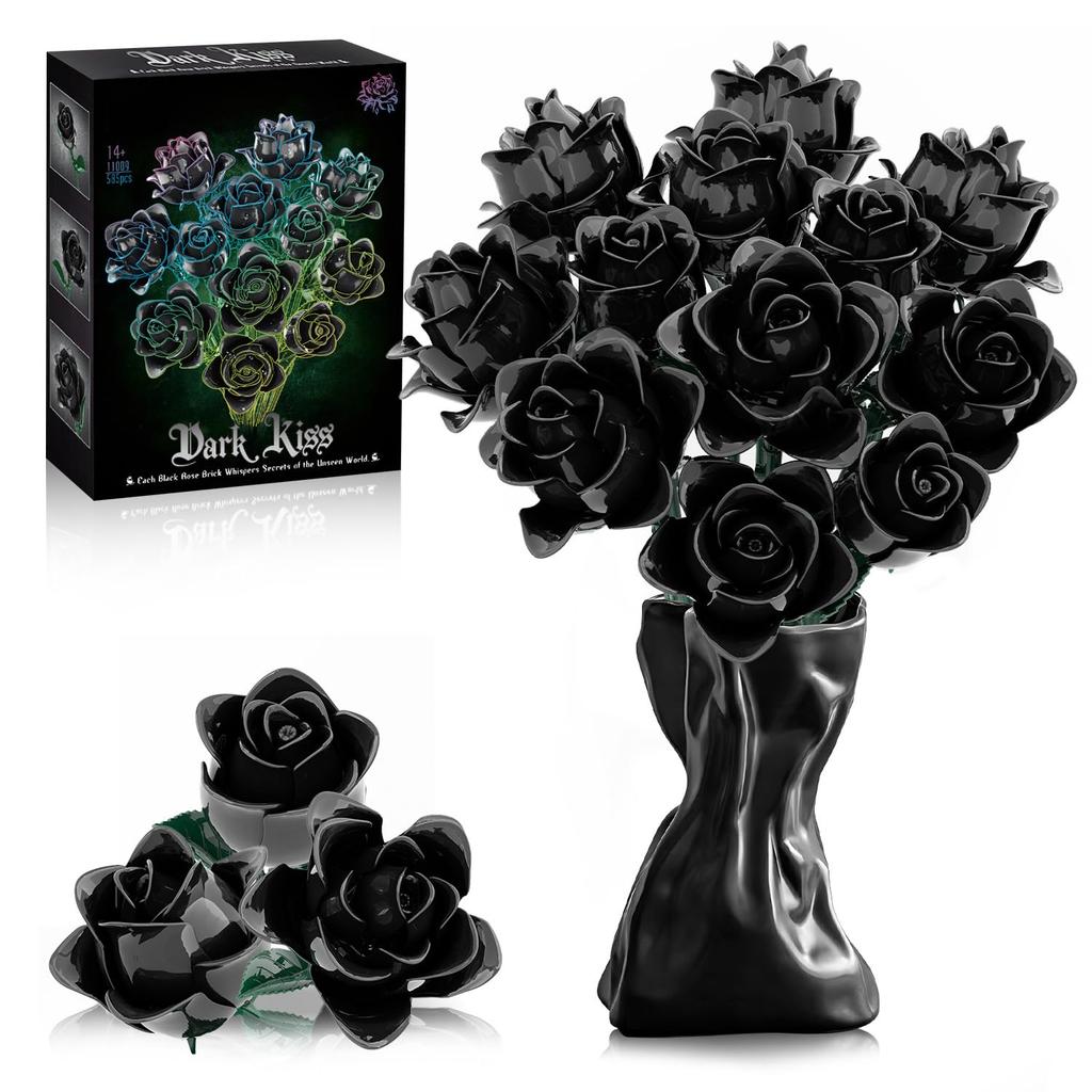 12PC Black Rose Building Block Plant Bouquet Simulated Roses Flowers Gothic Decoration Home Display Adult Holiday Gifts Toys
