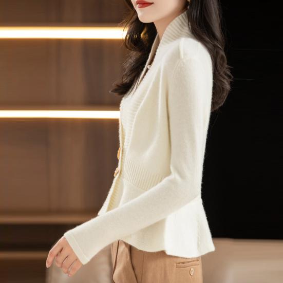 Women Sweater Coat V-Neck Long Sleeve Ruffle Hem Knitting Sweater Solid Color Slim Fit Waist Tight