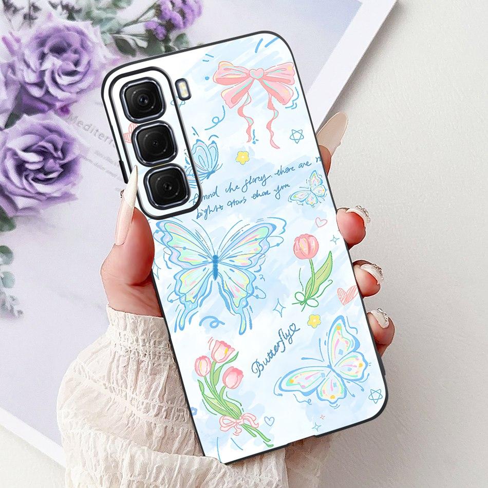 For Infinix Hot 50 4G Phone Case Hot 50 Pro+ 4G Hot50 Pro Elegant Floral Cat Pattern Black Silicone Soft TPU Cases