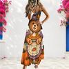 Women Plus Size V Neck Strappy Sleeveless A Line Long Halloween Pumpkin Printed Dress