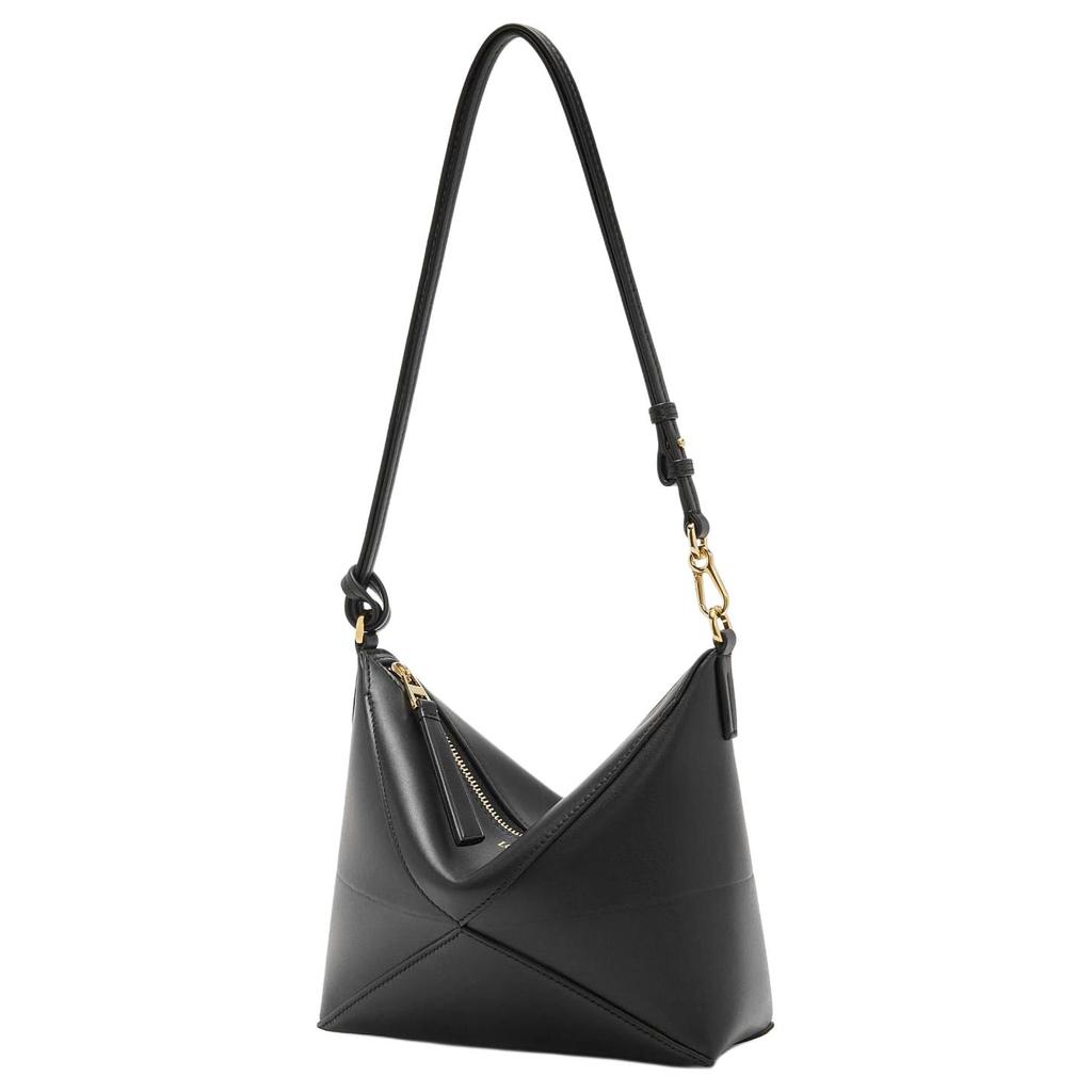 Loewe Fold Detachable Adjustable Shoulder Strap Zipper Closure Leather Crossbody Tote Bag Women Handbags Black C510PT1X01-1100