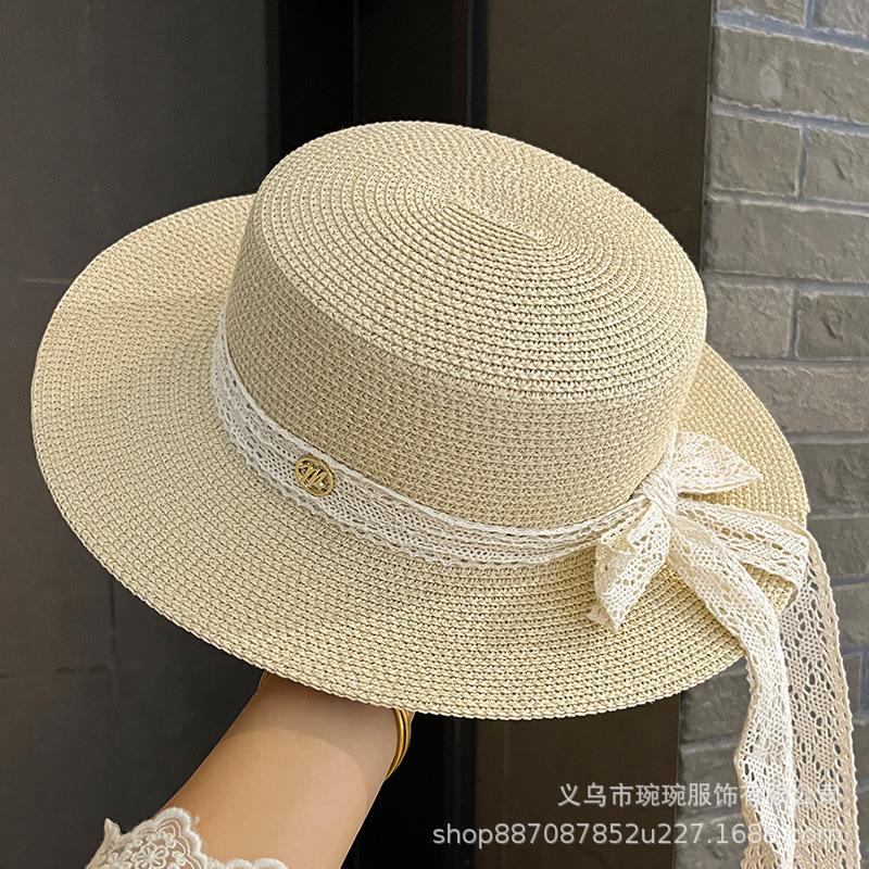 French Lace Bow Ribbon Sunshade Straw Hat Women's Summer Big Eaves Seaside Resort Beach Sunscreen Sun Hat