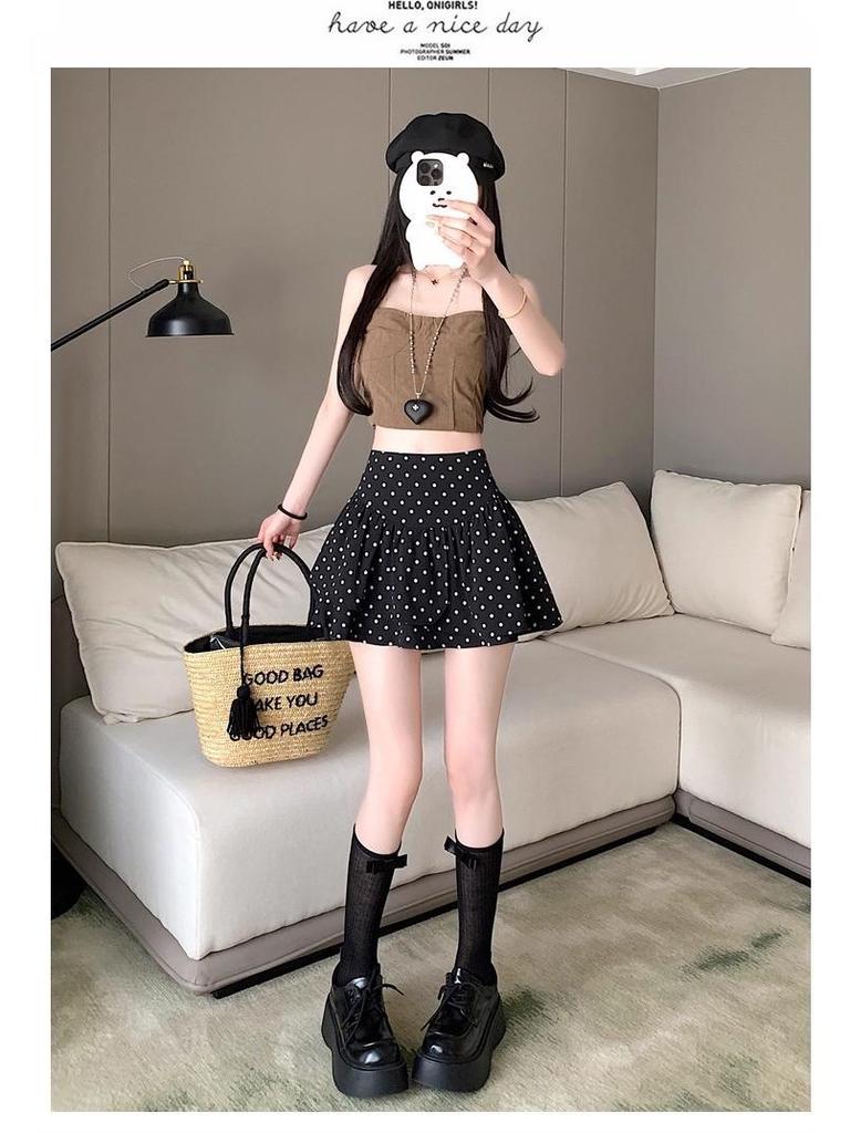 Женская элегантная черная шифоновая юбка А-силуэта в горошек - для миниатюрных, с высокой талией, летняя юбка-брюки