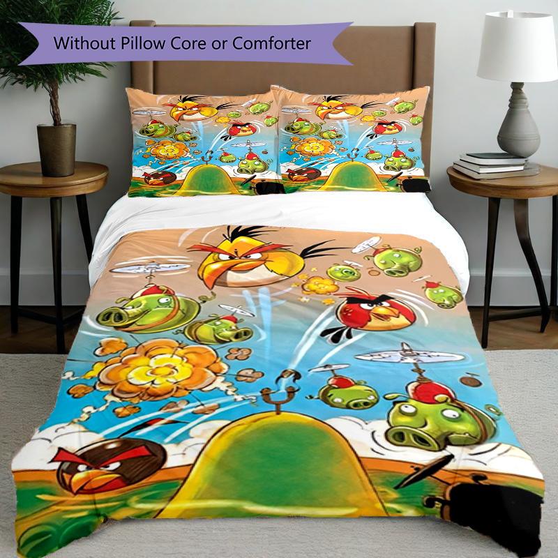 3pcs Duvet Cover Set (1*Duvet Cover + 2*Pillowcase, Without Core), Angry Birds Print Bedding Set, Bedroom Decor, All‑Season, Birthday Gift