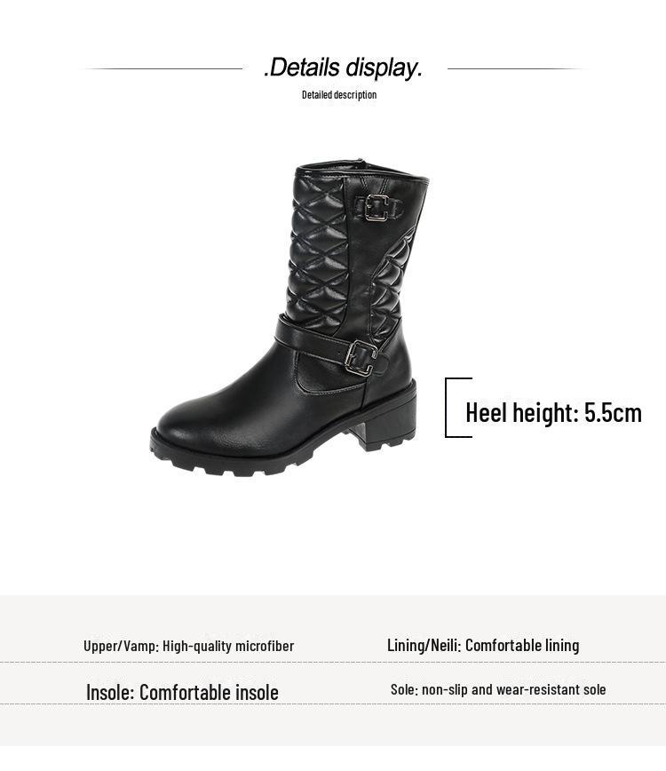 Женские ботинки Cross-Border 2024 осень/зима с круглым носком и средней высотой — нескользящая, теплая, универсальная модная обувь