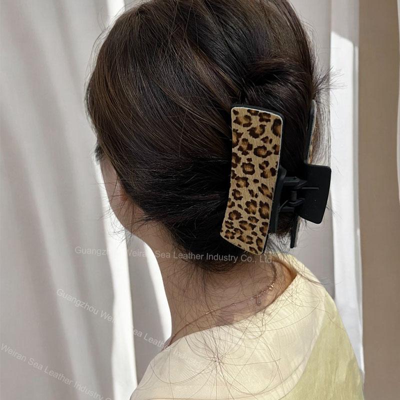 Horsehair Leather American Cow Boy Style Hair Claws Fashion Leopard Pattern Retro Rectangle Hair Clips