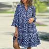 Женское весенне-летнее платье с рукавами три четверти, сочетающееся по цвету с геометрическим принтом, трапециевидное лоскутное платье со свободным подолом и V-образным вырезом, богемное платье миди