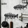 Garden Tool Hanger Fish Bones Wall Mounted Towel Rack, Stylish Cast Iron with 4 Key Holder Mount Hooks for Towels Robes, Waterproof Rust-Resistant