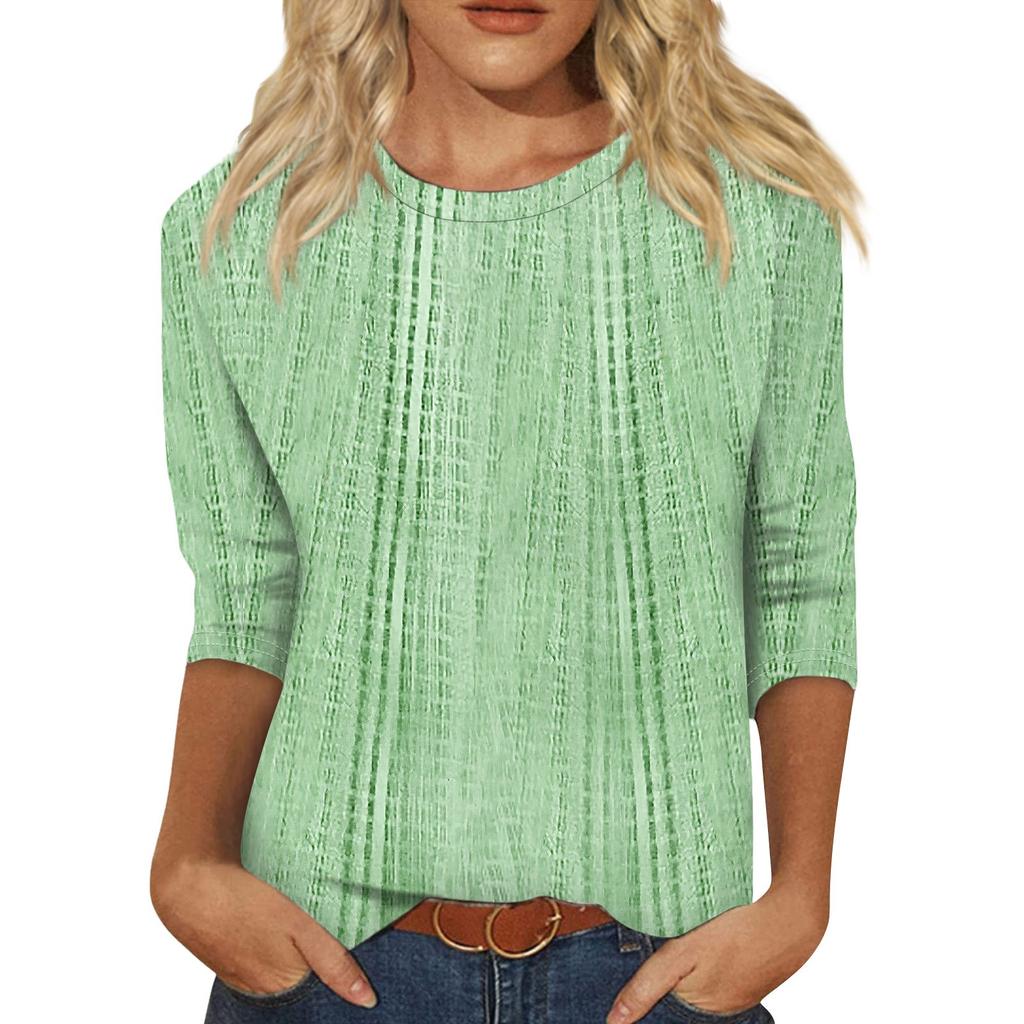 Женская мода повседневная три четверти рукав текстурированный принт круглый вырез топ