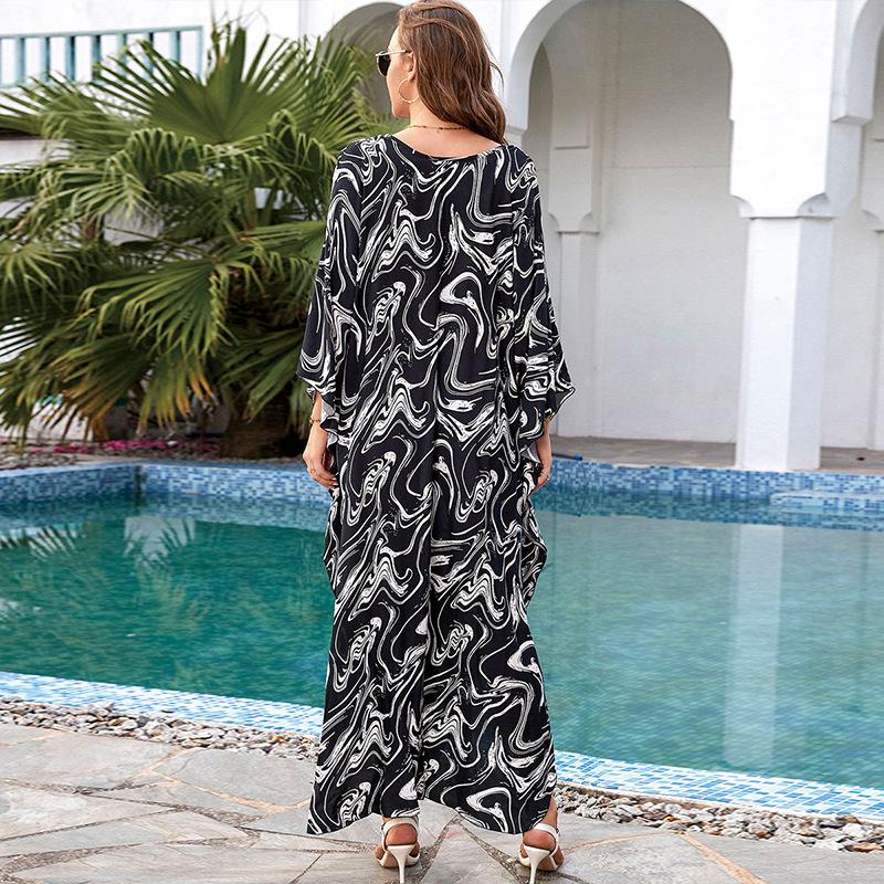 European & American Cotton Print Plus Size Loose Beach Dress Cover-Up for Women