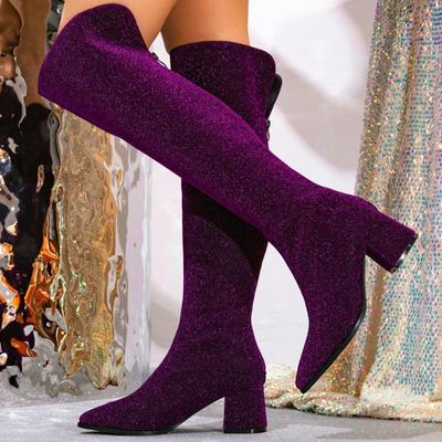 Модные Сексуальные Фиолетовые Ботильоны с Острым Носком для Женщин Роскошные Пайетки Квадратный Каблук Задняя Молния Дизайнерские Сапоги Большого Размера Обувь для Стриптиза в Ночном Клубе