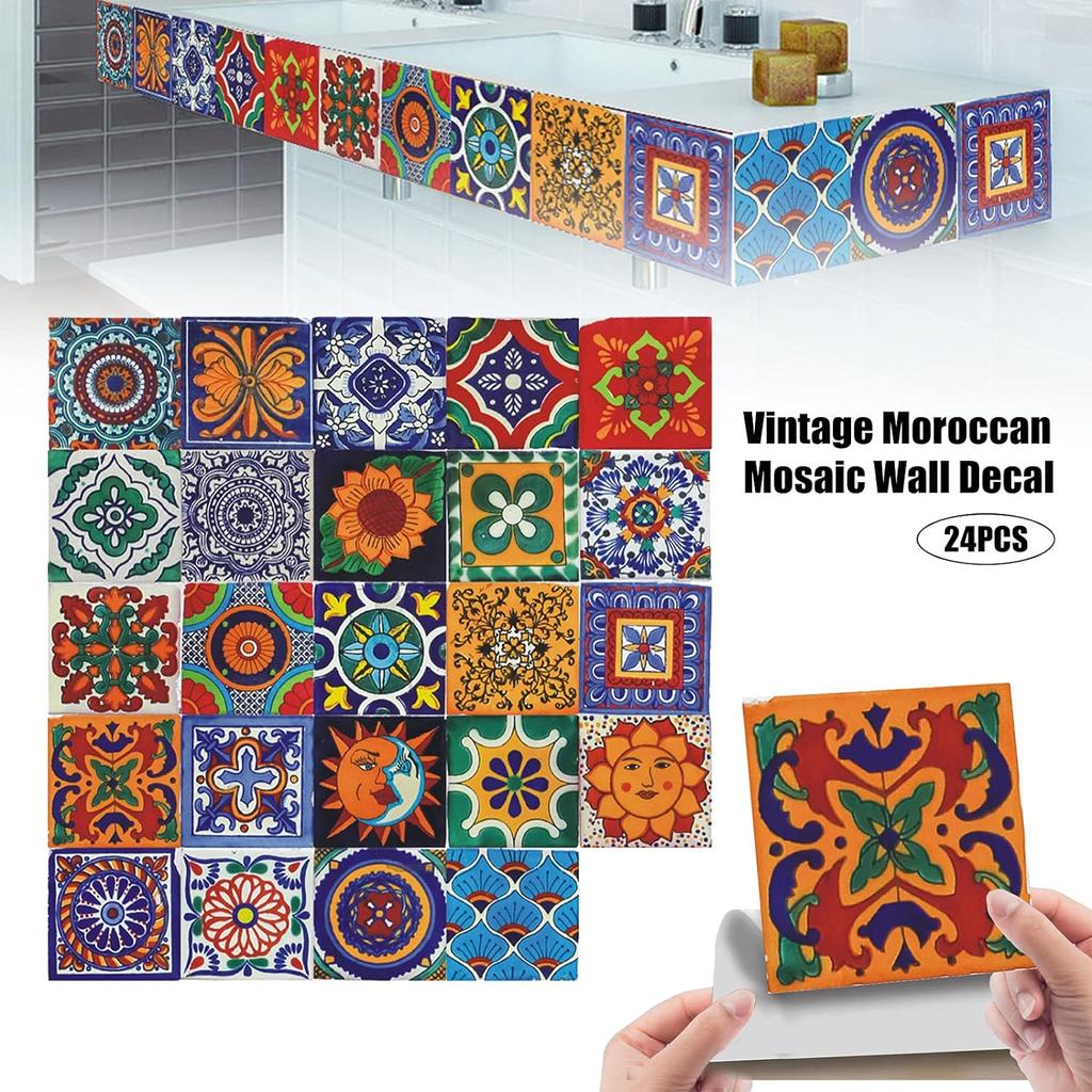 Moroccan Tile Stickers,24 Pcs 15 * 15cm Vintage Self Adhesive Vinyl Tile Decals Wall DIY Tile Stickers Home Decoration for Kitchen Living Bedroom