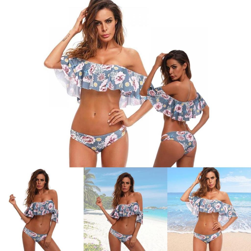 Sexy Off-the-shoulder Bikini With Ruffled Edges And Floral Accents High Quality Polyester Material