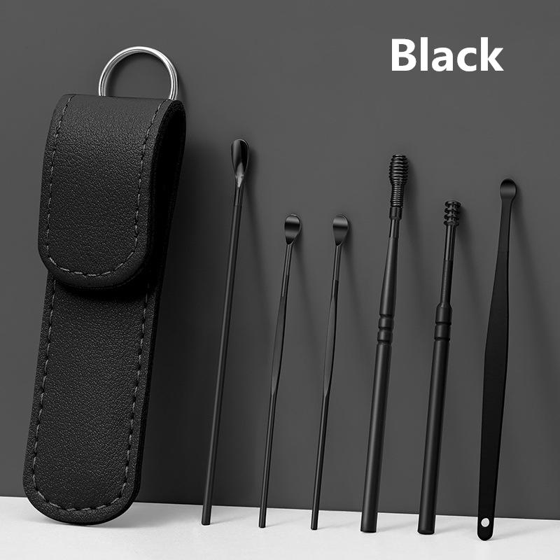 6 шт./набор Чехол из ПУ кожи Палочки для чистки ушей Средство для удаления ушной серы Ковырялка для ушей Чистящее средство Ложка Кюретка Защита для ушей Инструмент для удаления серы